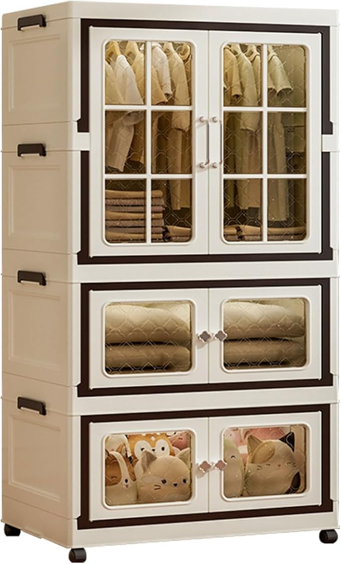 SunSettler Stackable Plastic Storage Cabinet with Transparent Windows Collapsible Closet Organizer with Wheels (2+1)