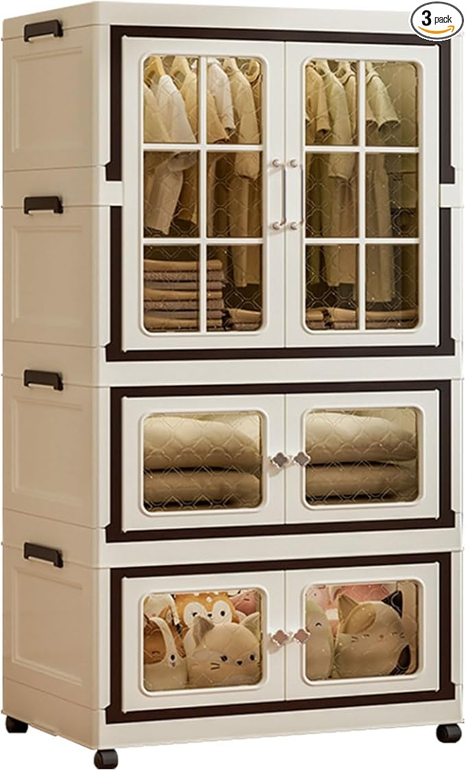 Stackable Storage Cabinet with Lid and Wheels Plastic Collapsible Cabinet Foldable Storage Containers for Home and Office (4-Tier)