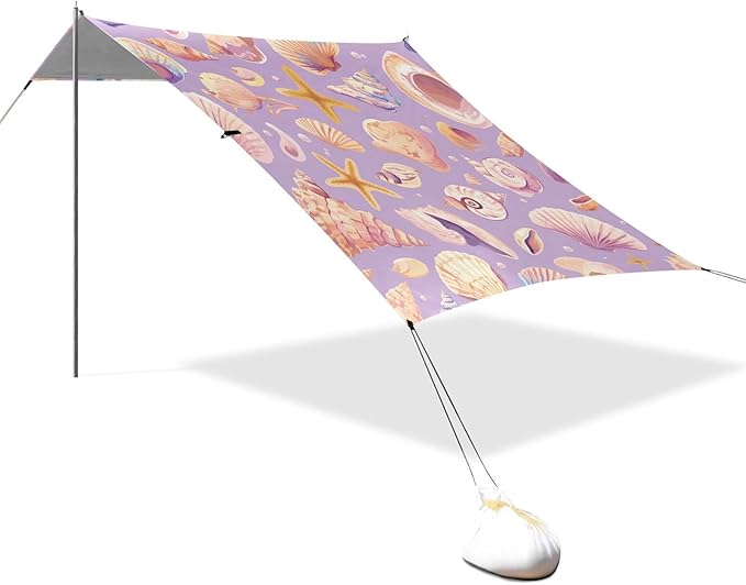 Seashells Different Shapes and Starfish Lilac Foldable Beach Canopy UPF50+ Protection Lightweight Large Sun Shelter with Carrying Bag for Camping Picnics Backyard