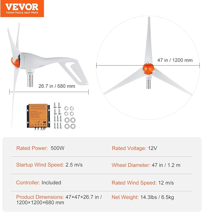 VEVOR 500W Wind Turbine Generator 12V Wind Turbine Kit with MPPT Controller 3-Blade Wind Power Generator with Adjustable Windward Direction 2.5m/s Start Wind Speed for RVs Boats Home Farm