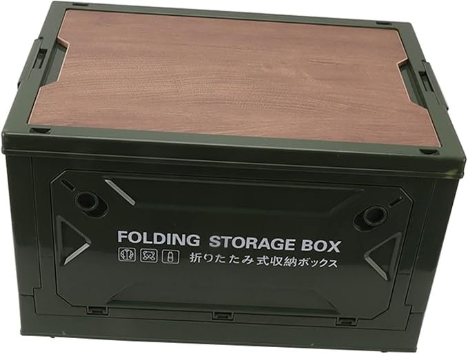 Folding Camping Storage Box with Wooden Lid Storage Bin Container with Wheels for Car Camping Picnic