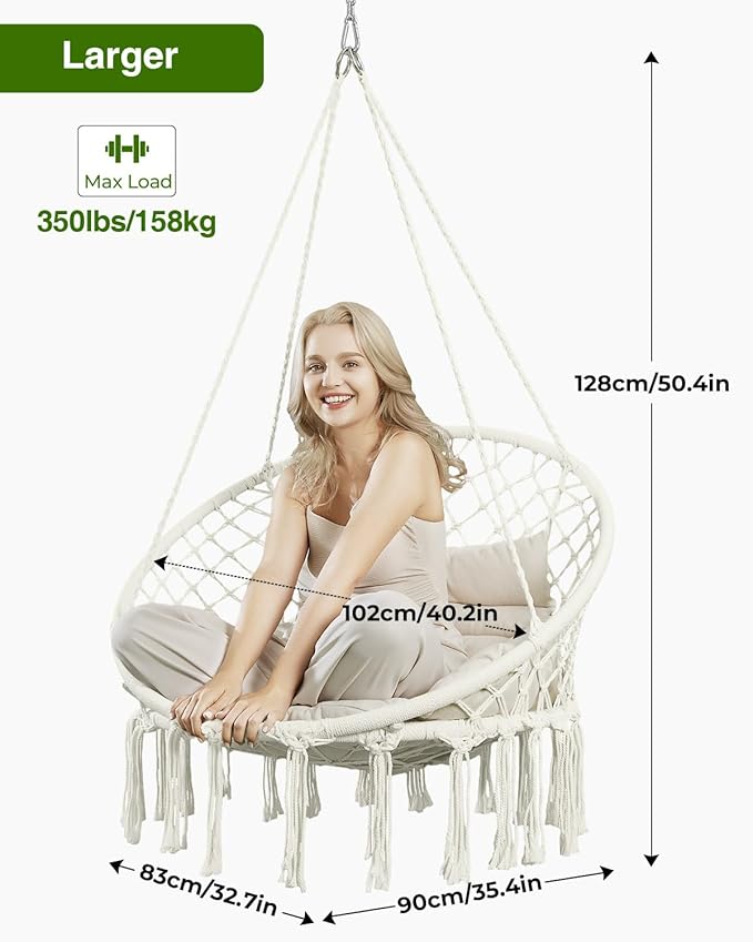 Greenstell Hammock Chair Macrame Swing Chair with Comfy Cushion Boho Hanging Chair for Outdoor &amp Indoor Perfect for Bedroom Patio Balcony Hold up to 350Lbs White