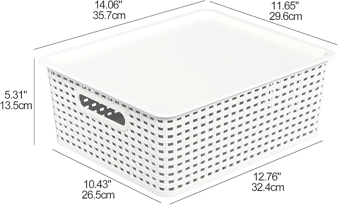 Hespama 6-Pack Plastic Weave Storage Basket with Lid Stackable Organizer Basket White