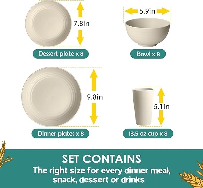 Teivio 32-Piece Kitchen Plastic Wheat Straw Dinnerware Set Service for 8 Dinner Plates Dessert Plate Cereal Bowls Cups Unbreakable Plastic Outdoor Camping Dishes Beige