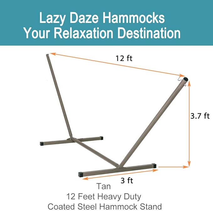 Lazy Daze Hammocks Outdoor 12 Feet Hammock Stand Heavy Duty Coated Steel Tube Frame for Indoor Porch Patio Garden Backyard Hammocks 450 Pounds Weight Capacity Tan