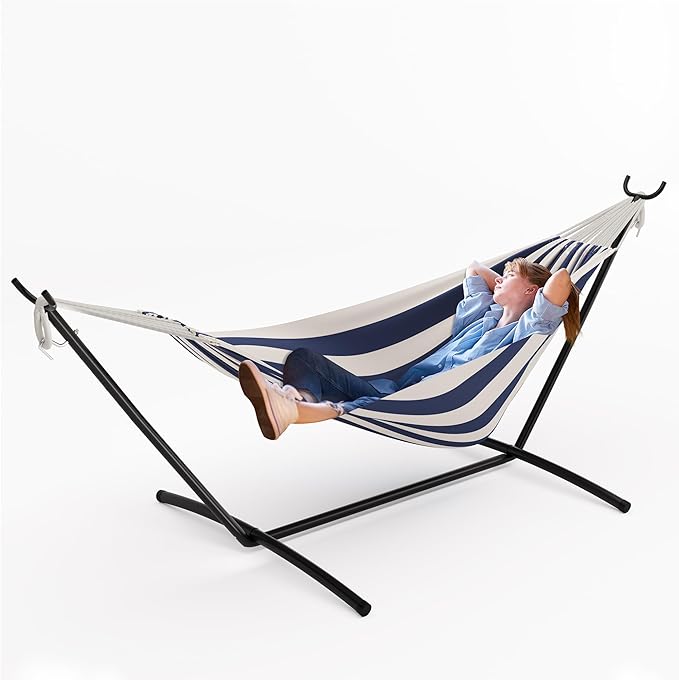 Double Cotton Hammock with Steel Stand for Outside Brazilian Style 450lbs Capacity Portable Indoor Outdoor Lounger with Carry Bag 2-Person Capacity Ideal for Backyard Garden Camping Blue