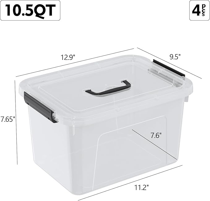4 Pack 10.5 Quart Latching Storage Bin with Handle Clear Latch Box