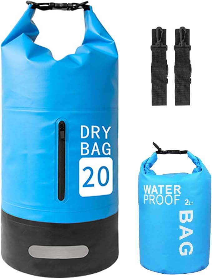 Rainproof Backpack Dry Bag 20L 500D PVC Outdoor Sports Roll Top with Front Pocket for Swimming Kayaking Camping Hiking Beach Activities (20L+2L)