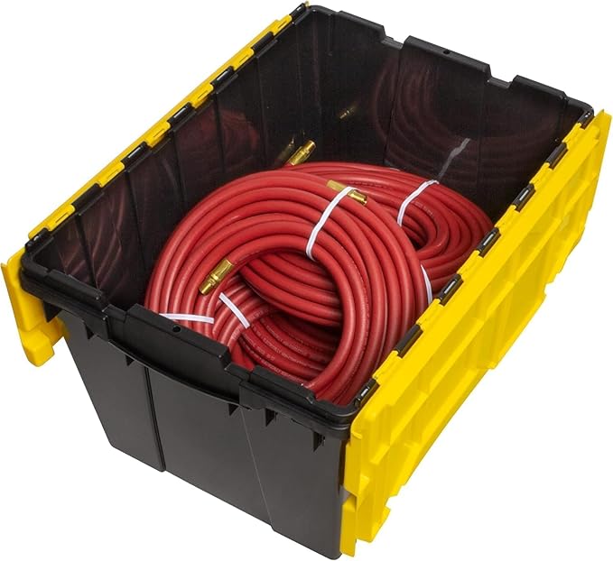 Akro-Mils KeepBox 12 Gallon Storage Container Nesting and Stackable Plastic Storage Box with Lid Attached Organizer Tote for Garages Closets Moving 21-1/2 x 15 x 12-1/2 Black/Yellow 6-Pack