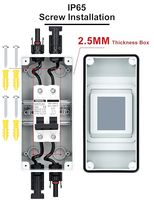 DIHOOL 30 Amp Solar Disconnect Switch Miniature Circuit Breaker with din Rail Enclosure Outdoor Box for Solar Panels