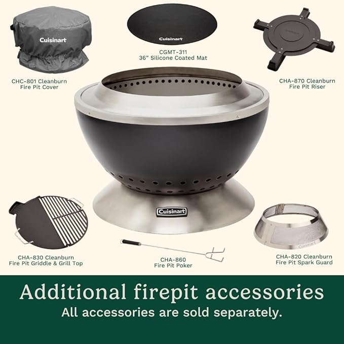 Cuisinart 24” Cleanburn Smokeless Fire Pit with Removable Base for Ash Portable Wood Burning Outdoor Fireplace Stainless Steel Smoke Free Outdoor Heater Enhanced Airflow and Easy Cleanup