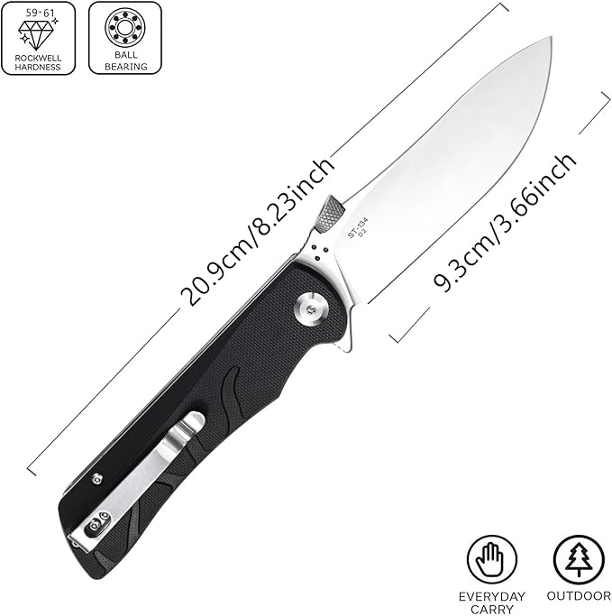 Sitivien ST134 Folding KnifeD2 BladeG10 Handle with Unique Thumb Stud Opener for Outdoor EDC Camping(Black)