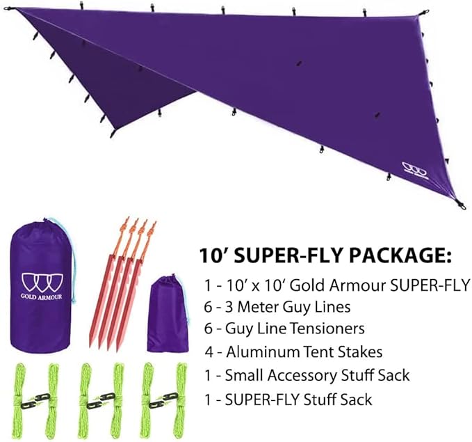Gold Armour Rainfly Tarp Hammock Premium 14.7ft/12ft/10ft/8ft Rain Fly Cover Waterproof Ultralight Camping Shelter Canopy Survival Equipment Gear Camping Tent Accessories (Purple 10ft x 10ft)