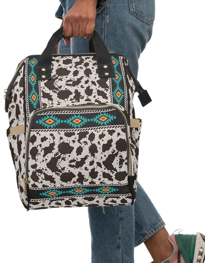 Cowhide Aztec Diaper Backpack/Cow Print Travel bag/Southwestern Shoulder bag/Cowgirl Bag/Aztec Western Longhorn Bookbag/Western Carry On