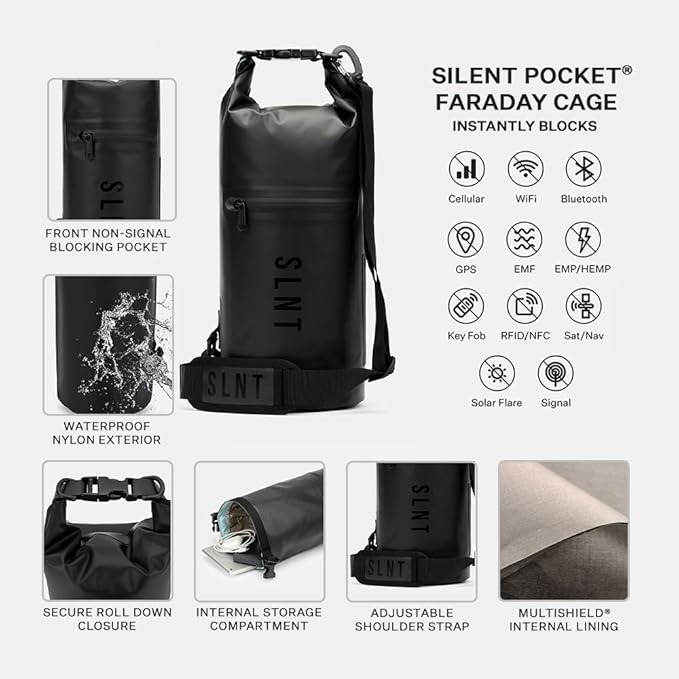 SLNT Waterproof Faraday Dry Bag - 420D Waterproof Nylon Signal Blocking Backpack - Protects Electronics from Water Spying Hacking - Blocks RFID WiFi Bluetooth NFC Cellular GPS EMF (5 Liter)
