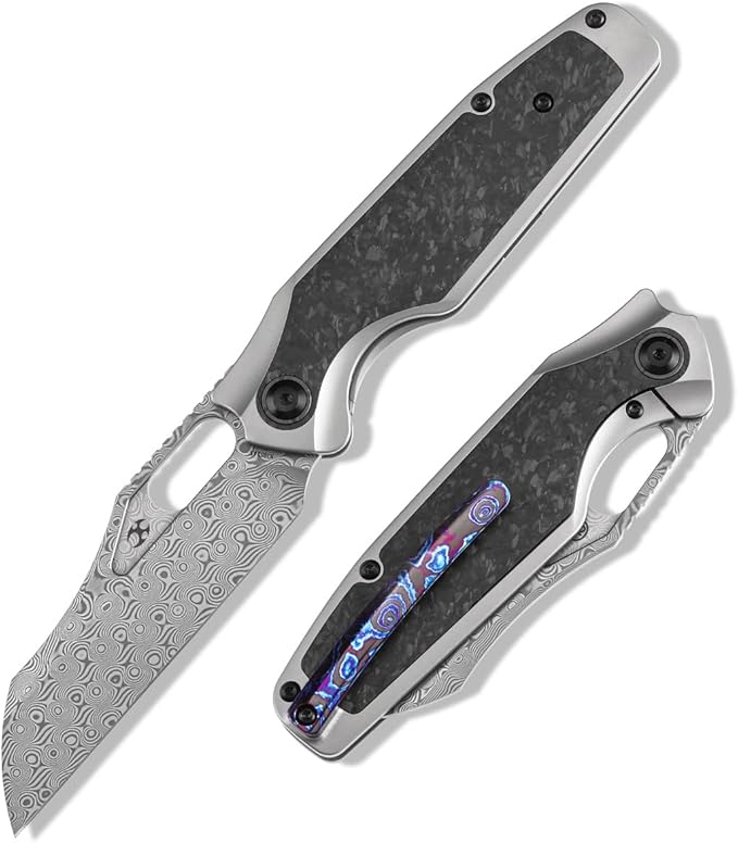 KANSEPT Tuckamore Camping Pocket Knives for Men 8.12in Folding Pocket Knives with 3.54in Damascus Material and Titanium Shred Carbon Fiber Timascus Clip Handle for Outdoor Tactical Survival K1052A5