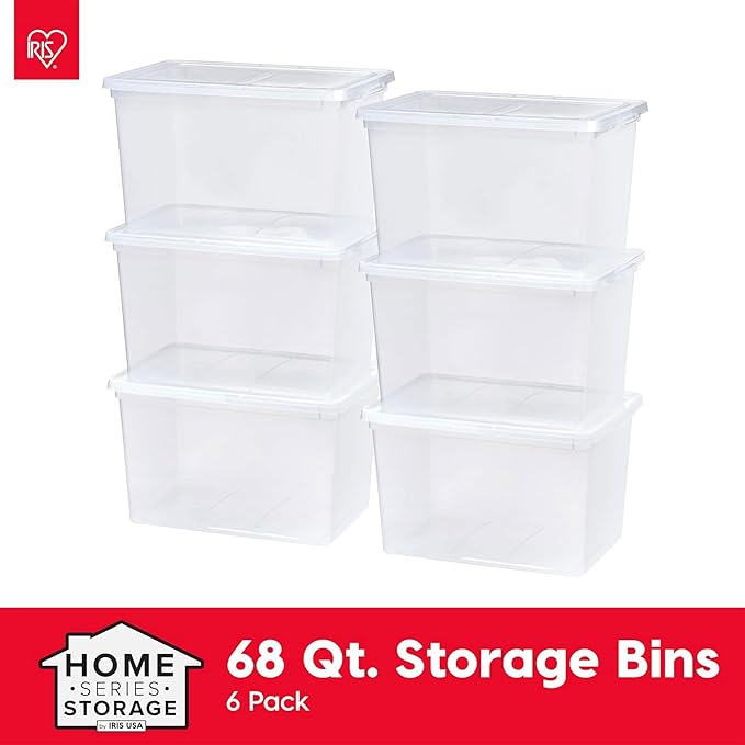 IRIS USA 12-Pack Storage Bins with Lids 68 Quart Clear Stackable Containers Box Organize Shoes Closet Shelves Clothes Blankets Towels - BPA-Free Plastic