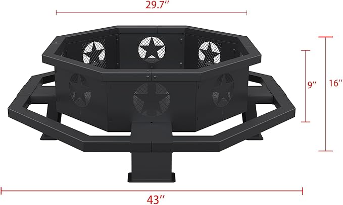 43 inch Fire Pit Outdoor Wood Burning Fire Pit Octagonal Heavy Duty Firepit for Camping Backyard Patio Black