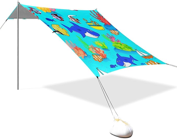 xigua Ocean Beach Tent Sun Shelter with Carrying Bag - Silver Coated Oxford Fabric Beach Canopy for Beach Camping Fishing - Includes Windproof Ropes Sandbags &amp Stakes