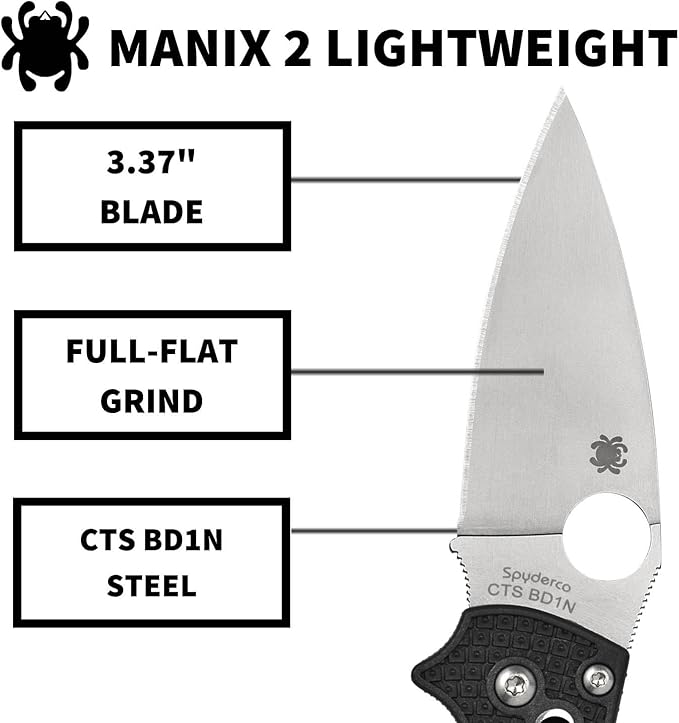 Spyderco Manix 2 Lightweight Folding Pocket Knife with 3.3 CTS BD1N Steel Blade and FRCP Handle - EDC Knife for Men and Women Perfect for Hunting Tactical Camping Survival - PlainEdge - C101PBK2
