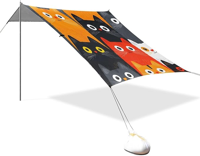 ALAZA Cat White Tile Pattern Beach Tent Sun Shelter Portable Canopy Sunshade for Outdoor Camping Picnics Backyard Fun 10x9 ft