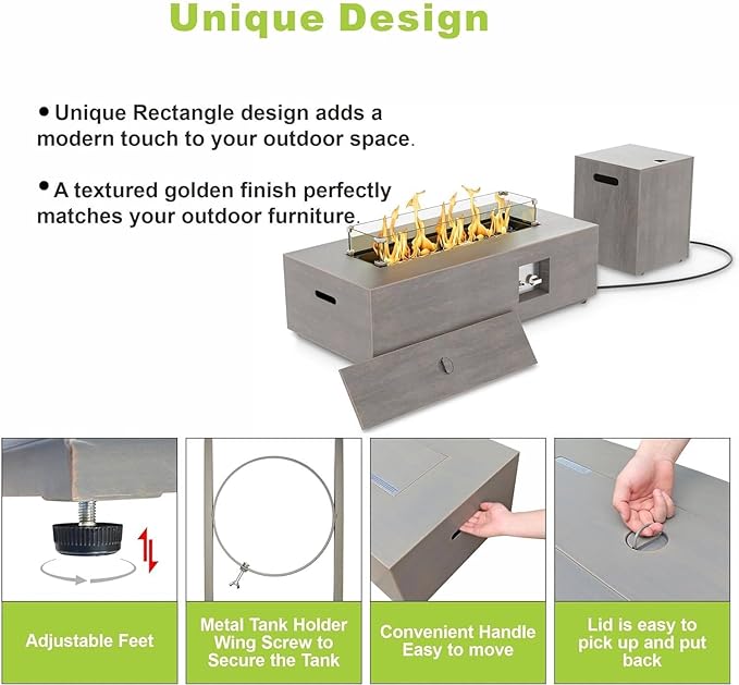 2-Piece 42 LED Rectangular Propane Fire Pit for Outside Patio with Hidden Tank Table 50000 BTU Fireplaces with Glass Wind Guard Lid Glass Rocks Cover(Grey w/Warm Light)