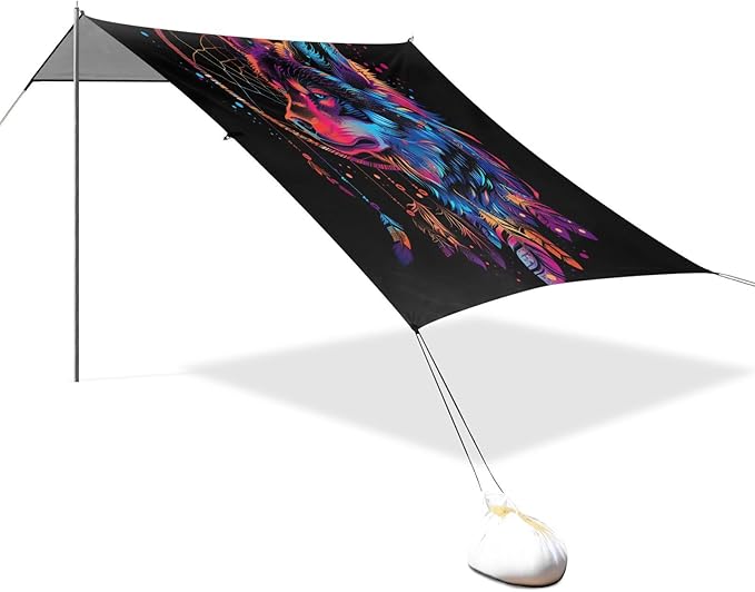ALAZA Dreamcatcher Wolf Rainbow Color Beach Tent Sun Shelter UPF50+ Protection Beach Shade Canopy w/ 4 Sandbags for Outdoor Camping Fishing Backyard Fun Picnic 10x9 ft
