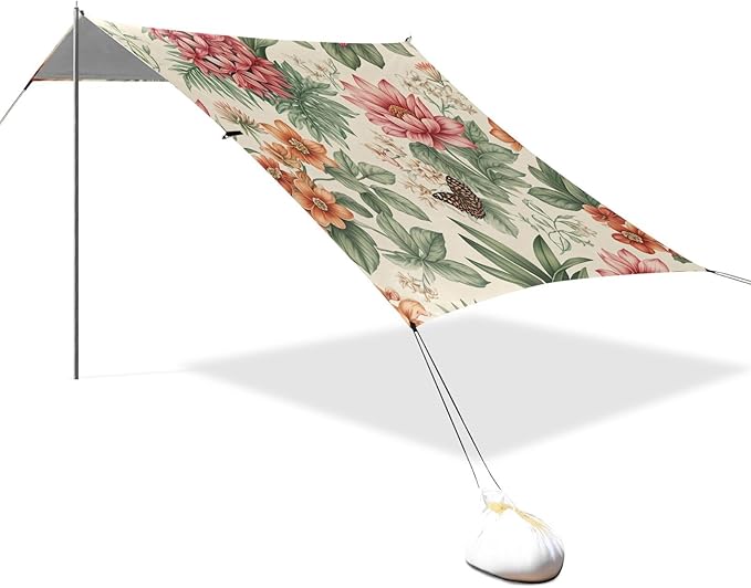 Tropical Botanical Floral Beach Tent Sun Shelter Set UPF50+ UV Protection 10.5 x 9.19 FT Camping Shade Canopy with Sandbags Sand Anchors Carrying Bag and Others