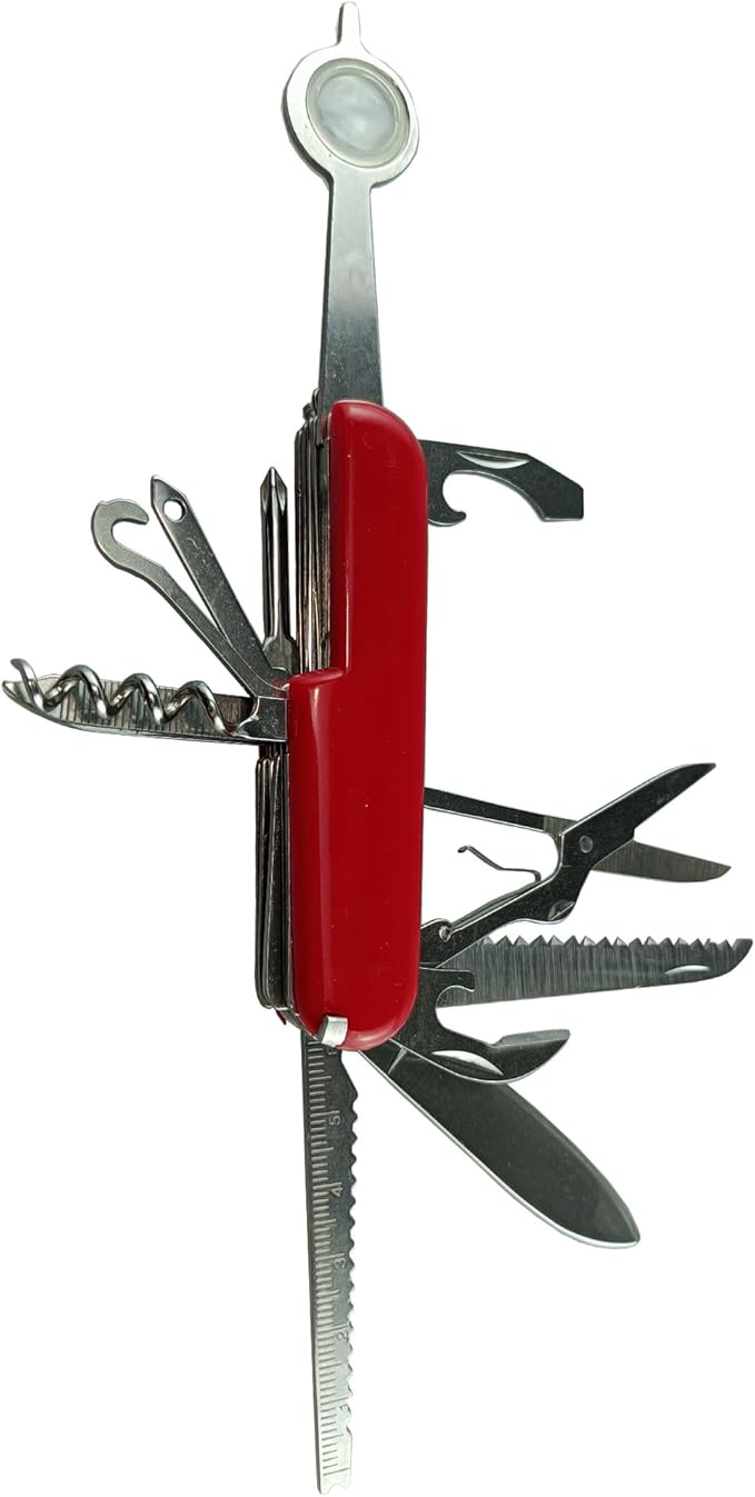 11-in-1 Multifunctional Pocket KnifeBoy Scout knife Red Handle Stainless Steel Survival Tool with Scissors Bottle Opener Saw Screwdriver Ruler Tweezers 3.58 Inch Length