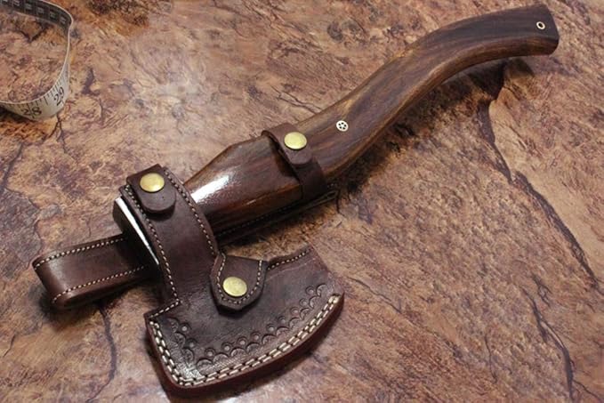 16 Inches Long Hand Forged Damascus Steel Tomahawk Axe Bearded Hiking Battle Axe Rose Wood Round Handle Large 5 Cutting Edge Thick Cow Hide Leather Sheath