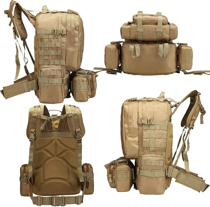 Tactical Backpack 55L with Built-up 3 MOLLE Bags Rucksacks for Travelling