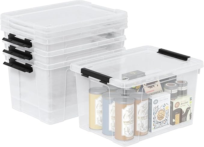 34 Quart Plastic Latching Storage Box with Wheels 4-Pack Clear Storage Bins with Lids