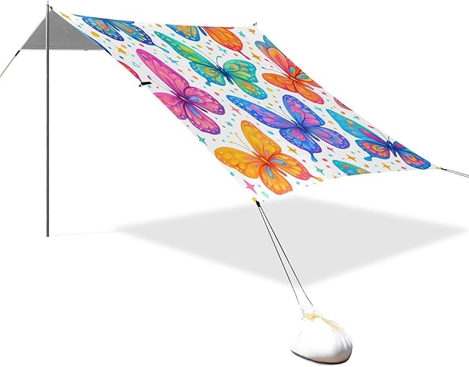 xigua Butterflies Beach Tent Sun Shelter with Carrying Bag - Silver Coated Oxford Fabric Beach Canopy for Beach Camping Fishing - Includes Windproof Ropes Sandbags &amp Stakes
