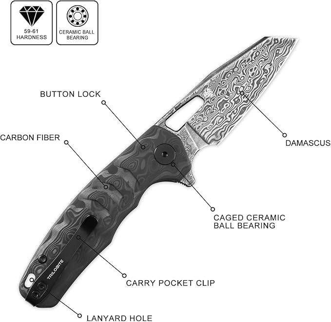 Petrified fish PFE17 Trilobite Folding Knife3.03 Damascus Black Stonewashed Blade Carbon Fiber Handle Camping Folding knife for EDC Outdoor (Black Damascus)