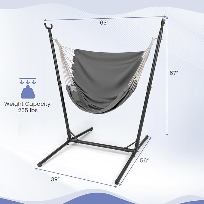 Tangkula Adjustable Hammock Chair with Stand Sturdy Swing Chair with 6 Adjustable Positions Storage Pocket Metal Frame Heavy-Duty Hammock for Indoor &amp Outdoor Use (Grey)