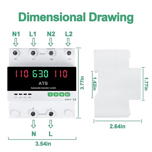 63A 110V Automatic/Manual Transfer Switch L1 Priority Phase Selector LED Display Din Rail Mount 50/60Hz CE Certified ATS for Generator Inverter Public Power