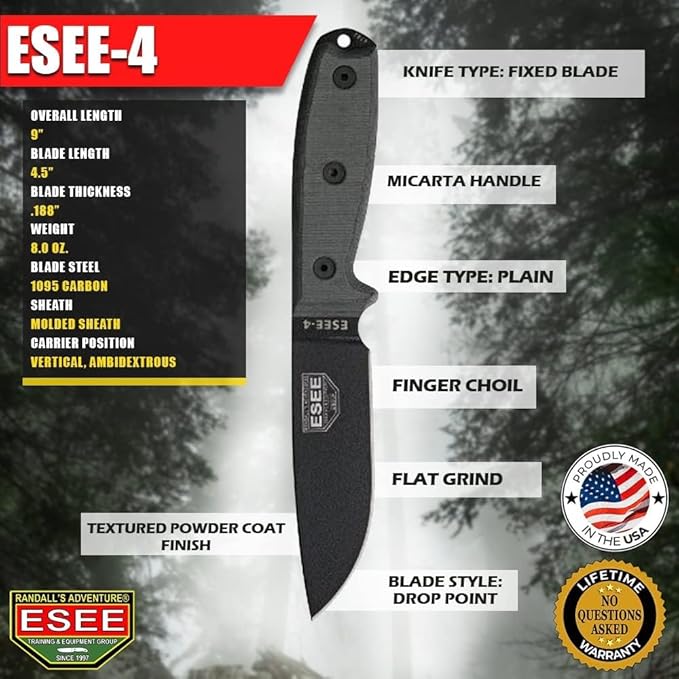 ESEE Knives 4P Fixed Blade Knife w/Handle and Molded Polymer Sheath (Black Blade/Grey Micarta Handle/Coyote Tan Sheath)