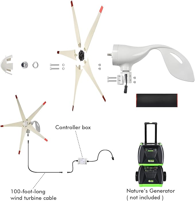 Nature's Generator Wind Turbine Includes 100 Foot 12 AWG Cable 5 Blades Controller Box Land or Marine Use Day and Night