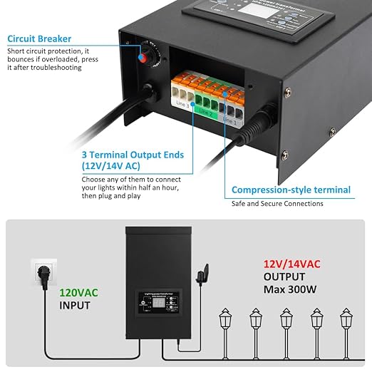 300W Low Voltage Landscape Transformer Weatherproof Outdoor Low Voltage Transformer with Photocell Sensor&ampTimer 120V AC to 12V/14V AC Landscape Lighting Transformer for Yard/Garden/Christmas Ligh