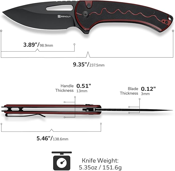 SENCUT Squiggy Pocket Knife Camping Folding Knife with 3.89'' 9Cr18MoV Blade &amp G10 Handle Reversible Clip for EDC Hiking S24082A-3 (Burgundy/Black)