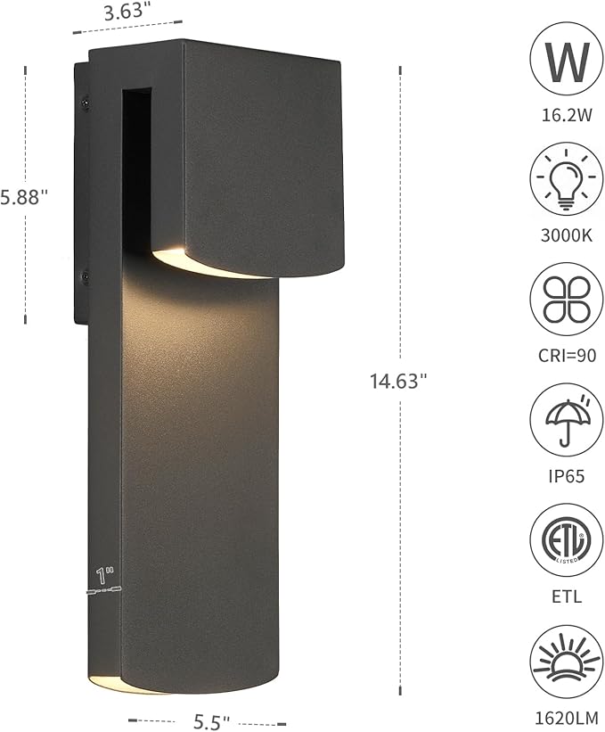 IP65 Waterproof Outdoor Modern LED Wall Light Fixtures Black Exterior Wall Sconces 16W 3000K Porch Patio Light Fixture Outdoor Wall Lights Outside Lights for House Garage Front Door 1 Pack