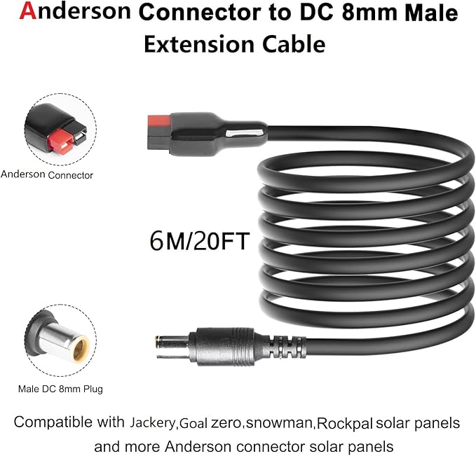 20FT Jackery Solar Panel Extension Cable 14AWG Anderson Connector to DC 8mm Adapter for Jackery Portable Power Station Explorer 160/240/290/300/500/550/880/1000 Solar Generator