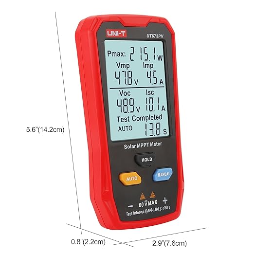 UNI-T UT673PV Solar Panel Tester Solar MPPT Meter 800W Photovoltaic Module Maximum Power Tester Intelligent Manual/Auto MPPT Test Large LCD and Multiple Result Displays