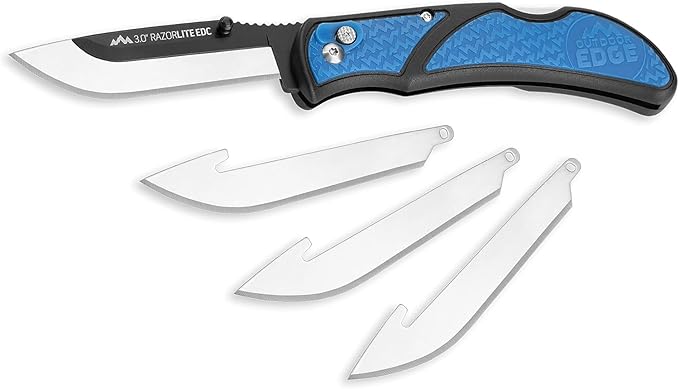 OUTDOOR EDGE 3.0 RazorLite EDC Knife (Blue) - Replaceable Blade Knife with Pocket Clip Lightweight Everyday Carry Utility Knife for Hunting Camping &amp Survival – Includes 4 Stainless Steel Drop-