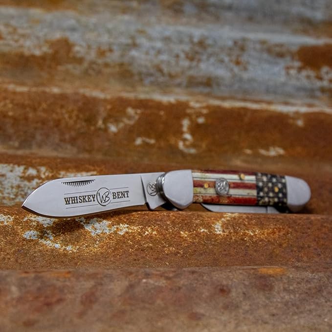 WHISKEY BENT HAT CO. Traditional Canoe Folding Camping Knife 3.63 Closed Length 440C Stainless Steel Blades (Patriot)