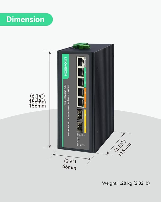 LINOVISION Solar Managed PoE Switch with Built-in MPPT Solar Charge Controller L2 Management Remote Battery Monitoring Non-Stop UPS Power for Up to 4 PoE Camera and 24V Bridge