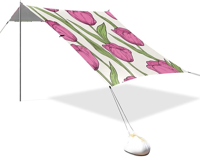 ALAZA Cute Doodle Romantic Pink Tulips Flower Beach Tent Sun Shelter Portable Canopy Sunshade for Outdoor Camping Picnics Backyard Fun 10x9 ft