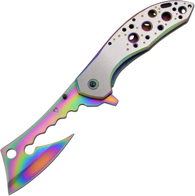 Snake Eye Tactical 12 Jumbo Huge Heavy Duty Ultra Smooth One Hand Opening Folding Pocket Knife Limited Edition Collectors Knife - Ideal for Recreational Work Hiking Camping (Rainbow)