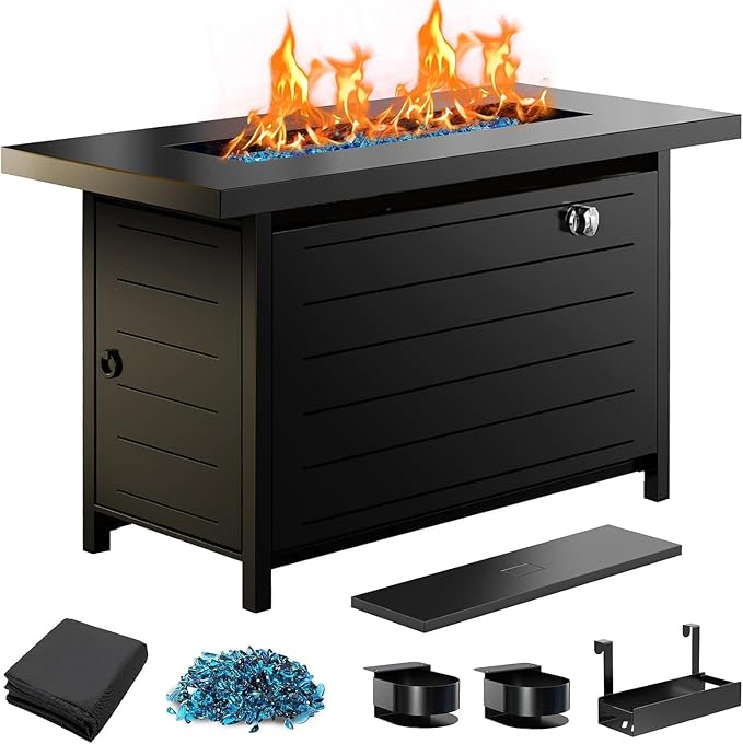 Ciays 43″ Propane Fire Pit with Glass Beads &amp Lid 60000 BTU CSA-Certified Gas Fire Pits with Cup Holders Hanging Shelf &amp Nylon Cover Large Fire Pit Table for Patio/Porch/Deck Black