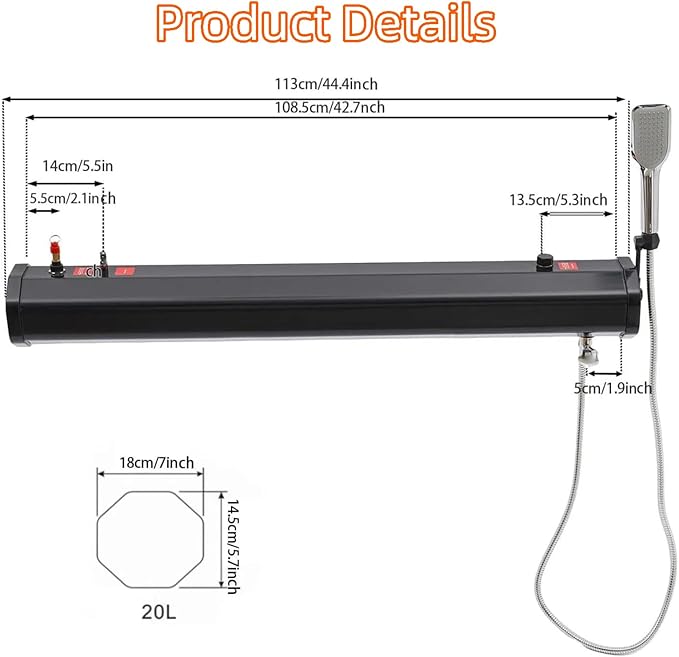 Road Camping Shower Pressurized Water Tank 4.76-8Gal Solar Roof Rack ShowerPortable Camping Showerhead Handheld with Storage Bag Device